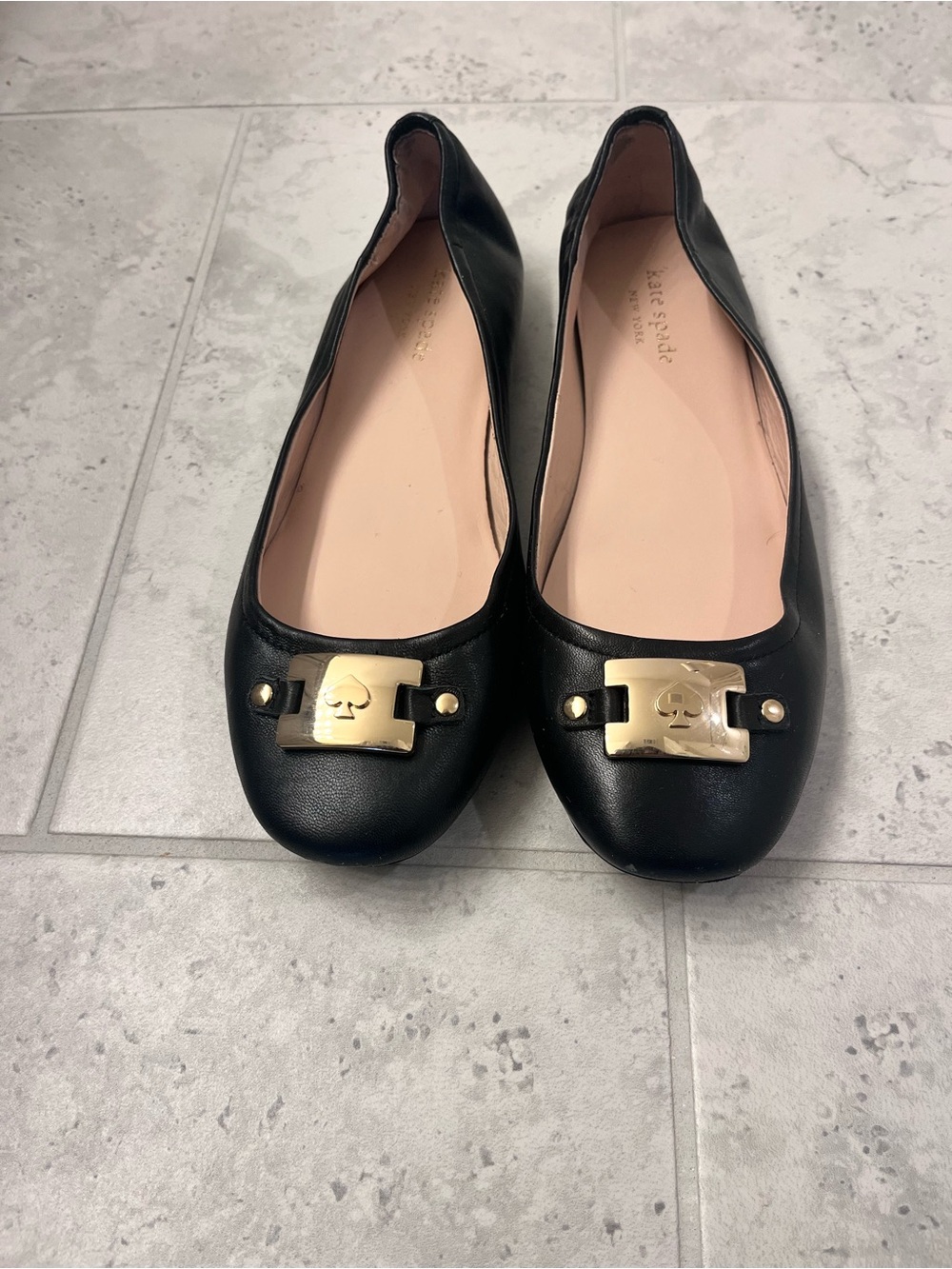 kate spade Black Leather Ballet Flats with Gold Plaque